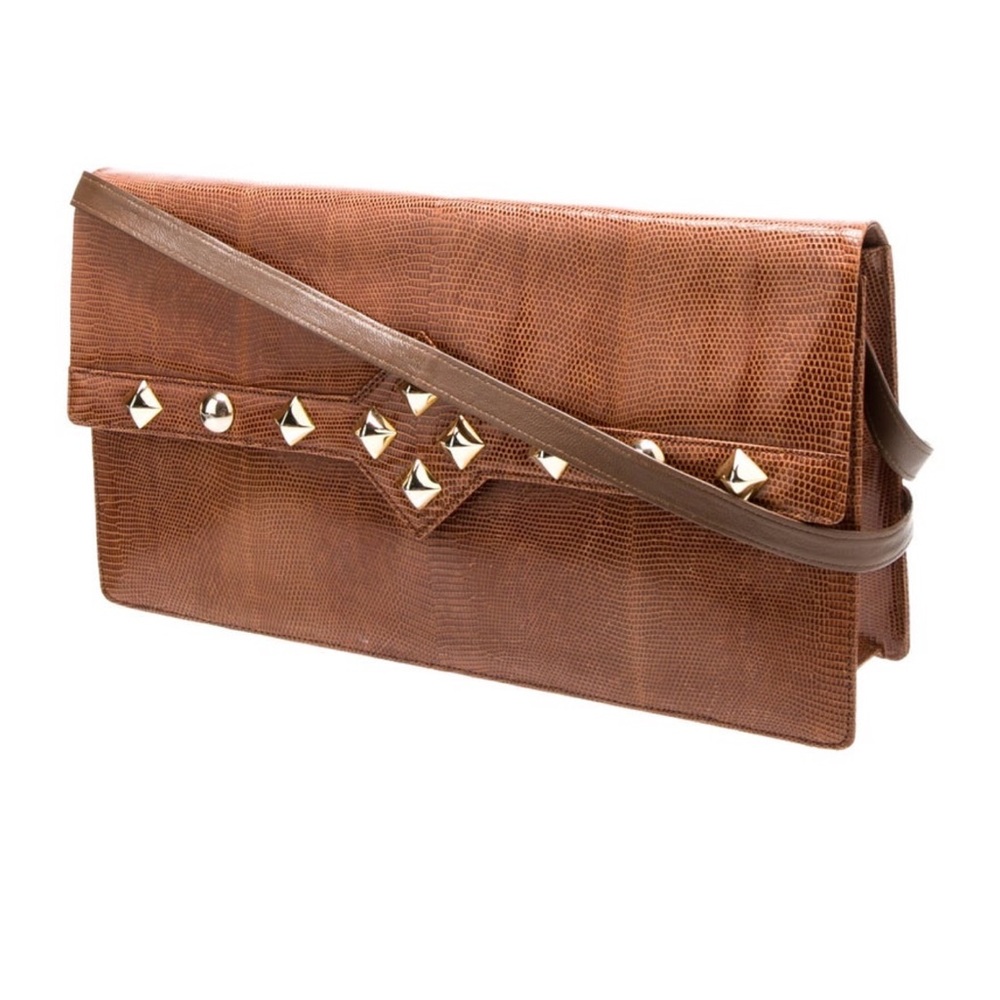 Luc Benoit embossed leather shoulder bag. Brown leather with gold hardware.